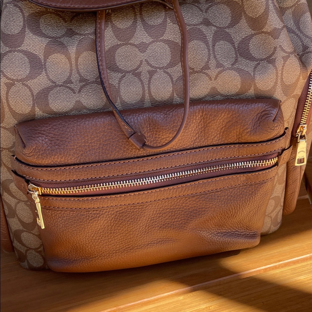 Coach Signature Tan and Brown Leather & Canvas & Leather Backpack - Picture 3 of 13